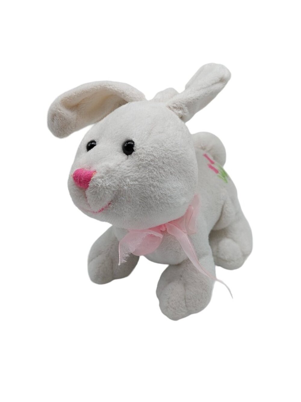 Aurora White Bunny Rabbit With Pink Tulips On Side Plush Stuffed Animal Easter